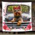 Cute happy yorkshire terrier old truck flowers and hearts blanket