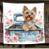 Cute happy yorkshire terrier old truck flowers and hearts blanket