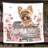 Cute happy yorkshire terrier old truck flowers and hearts blanket
