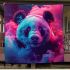 Cute panda with colorful smoke in front of a pink blanket