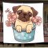 Cute pug dog inside a flower bucket blanket