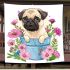 Cute pug dog inside a flower bucket blanket