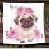 Cute pug puppy with pink roses and a butterfly blanket