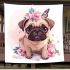Cute pug puppy with pink roses and a butterfly blanket