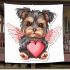 Cute valentine yorkie with angel wings holding a heart blanket