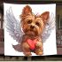 Cute valentine yorkie with angel wings holding heart blanket