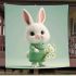 Cute white rabbit holding daisies blanket