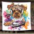 Cute yorkshire terrier dog wearing headphones blanket