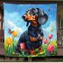 Dachshund in the garden with colorful tulips and butterflies blanket