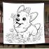 Happy corgi with a butterfly on its nose in a garden blanket