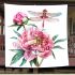 Watercolor dragonfly perched on pink peonies blanket