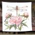 Watercolor dragonfly perched on pink peonies blanket