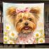 White long haired yorkshire terrier with a pink ribbon in her hair blanket