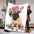 Cute baby pug dog with pink roses blanket