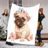 Cute baby pug dog with pink roses blanket