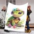 Cute baby turtle with big eyes and colorful flowers blanket