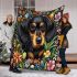 Cute black and tan dachshund among spring flowers with butterflies blanket