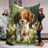 Cute brown and white puppy is sitting on the grass blanket