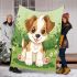 Cute brown and white puppy is sitting on the grass blanket