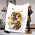 Cute cartoon bee holding flowers blanket