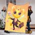 Cute cartoon bee holding flowers and a honeycomb blanket