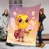 Cute cartoon bee holding flowers and a honeycomb blanket