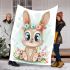 Cute cartoon bunny with big eyes sitting on the flowers blanket