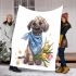 Cute cartoon great dane in a blue bandana holding flowers blanket