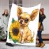 Cute chihuahua puppy with big eyes sitting next to a sunflower blanket