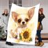 Cute chihuahua puppy with big eyes sitting next to sunflower blanket