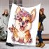 Cute corgi puppy with pink roses and a butterfly blanket