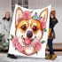 Cute corgi puppy with pink roses in her hair and butterflies blanket