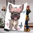 Cute grey french bulldog dog wearing a pink flower blanket