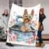 Cute happy yorkshire terrier old truck flowers and hearts blanket