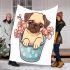 Cute pug dog inside a flower bucket blanket