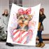 Cute yorkshire terrier inside an open present box blanket