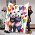 Two cute pandas hugging surrounded colorful hearts blanket