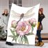 Watercolor dragonfly perched on pink peonies blanket