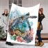 Watercolor sea turtle with coral reef and fish blanket