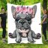 Adorable grey french bulldog puppy wearing pink roses blanket