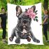 Adorable grey french bulldog puppy wearing pink roses blanket