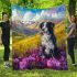 Black and white border collie sits in the foreground of an oil painting blanket