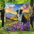 Black and white border collie sits in the foreground of an oil painting blanket