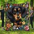Cute black and tan dachshund among spring flowers with butterflies blanket