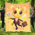 Cute cartoon bee holding flowers and a honeycomb blanket