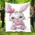 Cute cartoon bunny with a pink bow holding a heart blanket