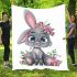 Cute cartoon bunny with big eyes and flowers blanket