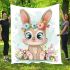 Cute cartoon bunny with big eyes sitting on the flowers blanket