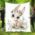 Cute cartoon bunny with big eyes sitting on the flowers blanket