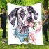 Cute cartoon of a great dane with a blue bandana holding pink flowers blanket